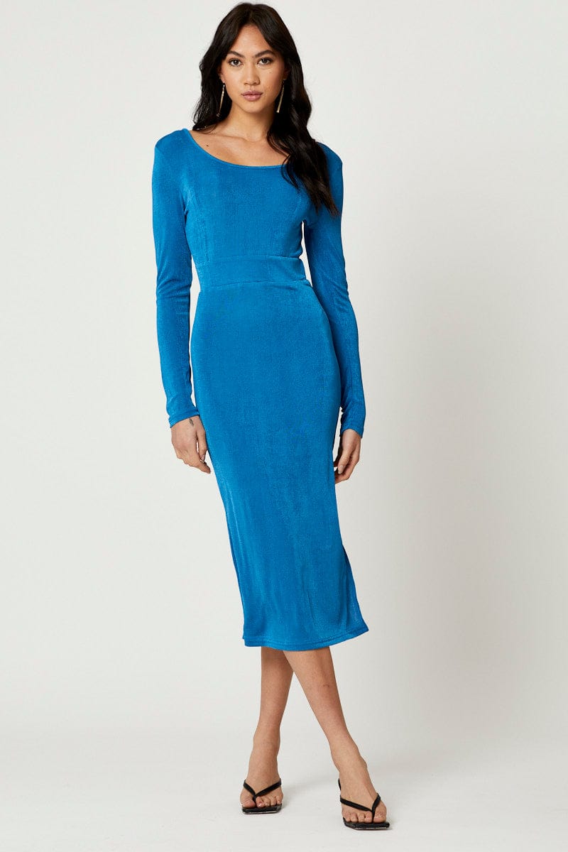 F BODYCON DRESS Blue Slinky Jersey Bodycon Dress for Women by Ally