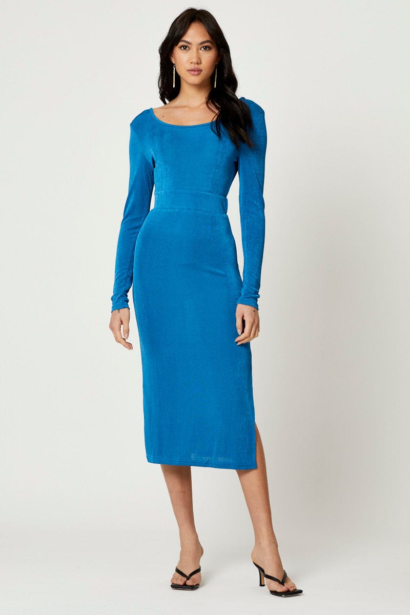 F BODYCON DRESS Blue Slinky Jersey Bodycon Dress for Women by Ally