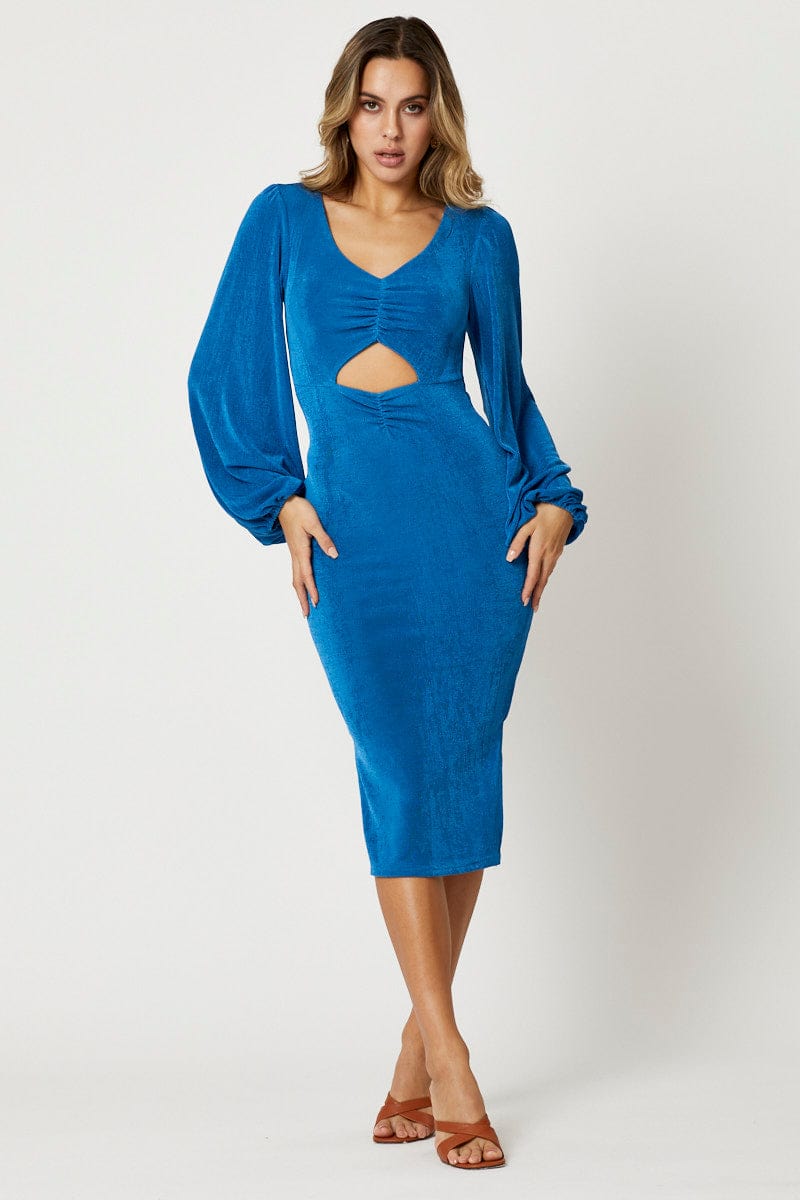 F BODYCON DRESS Blue Slinky Jersey Cut Out Dress for Women by Ally