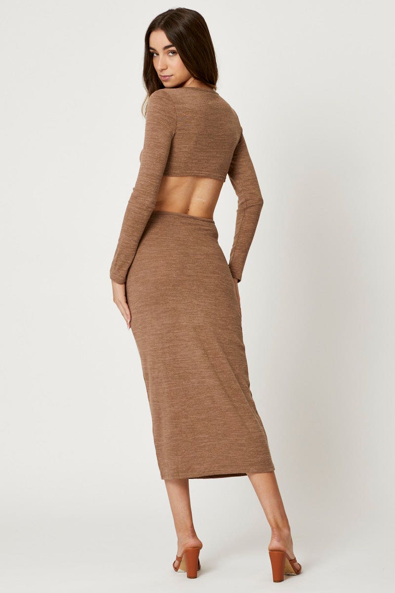 F BODYCON DRESS Brown Cut Out Midi Dress for Women by Ally