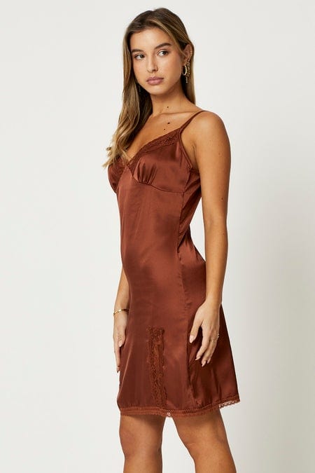 F BODYCON DRESS Brown Lace Trim Slip Dress for Women by Ally