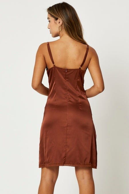 F BODYCON DRESS Brown Lace Trim Slip Dress for Women by Ally