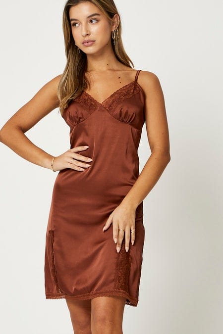 F BODYCON DRESS Brown Lace Trim Slip Dress for Women by Ally