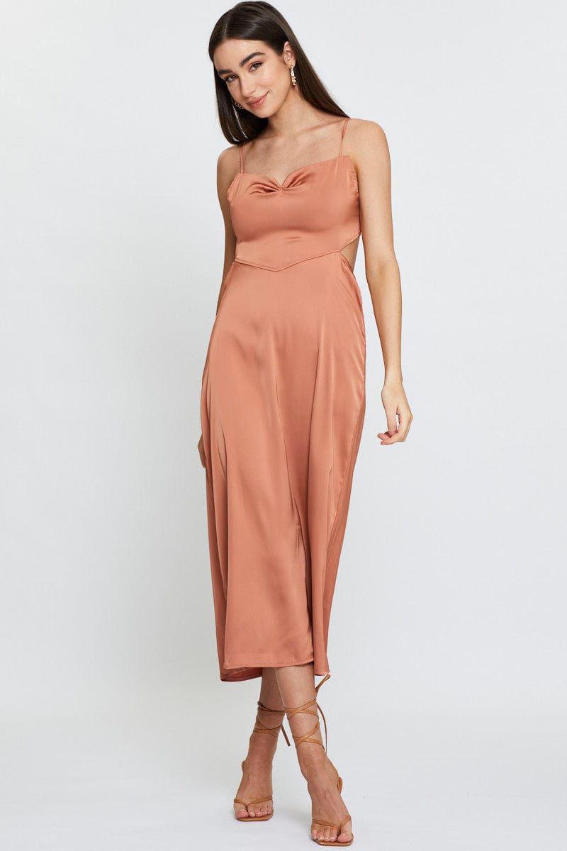 Women's Brown Midi Dress Cowl Neck Satin | Ally Fashion Women's Brown Midi Dress Cowl Neck Satin | Ally Fashion