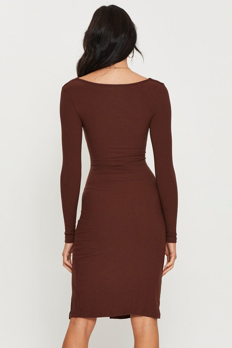 F BODYCON DRESS Brown Midi Dress Long Sleeve for Women by Ally