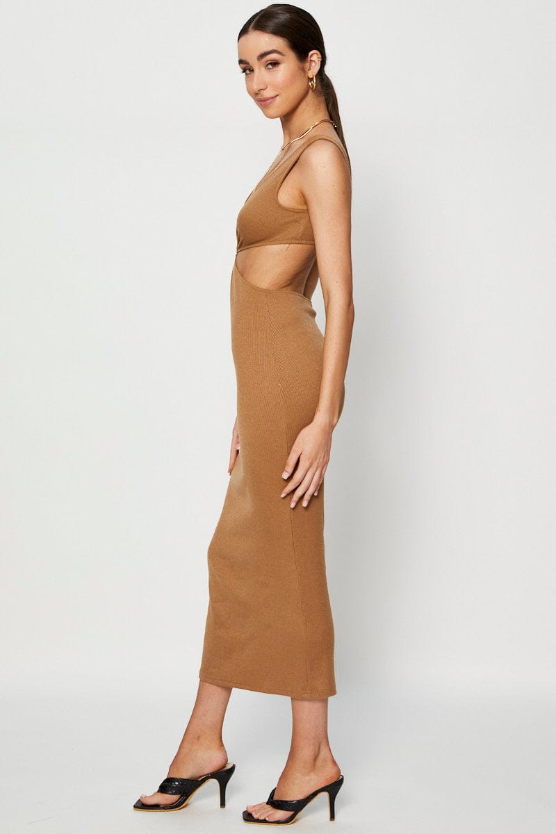 Women's Brown Midi Dress Ribbed Cut Out | Ally Fashion Women's Brown Midi Dress Ribbed Cut Out | Ally Fashion
