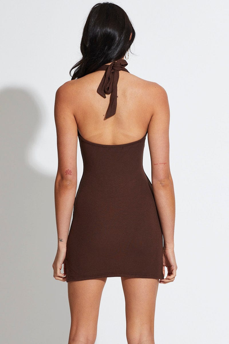 Women’s Brown Mini Dress Halter Neck | Ally Fashion