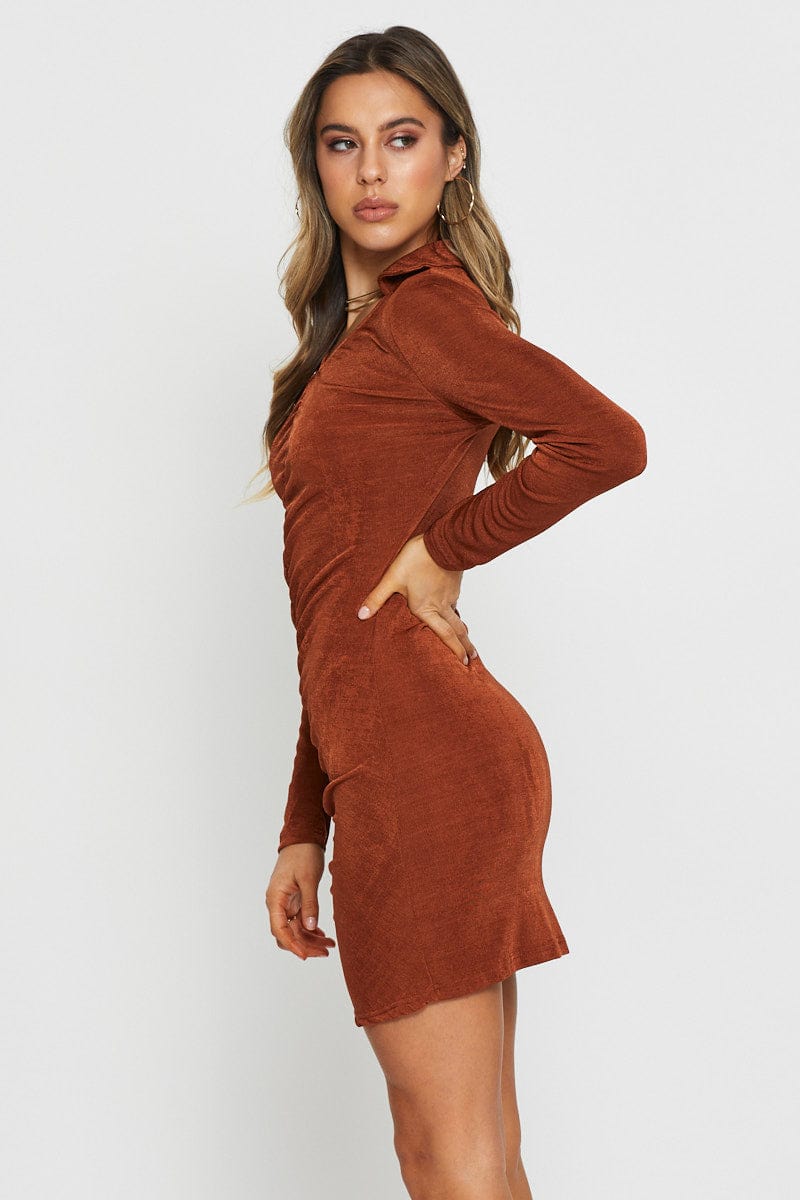 F BODYCON DRESS Brown Mini Dress Long Sleeve for Women by Ally