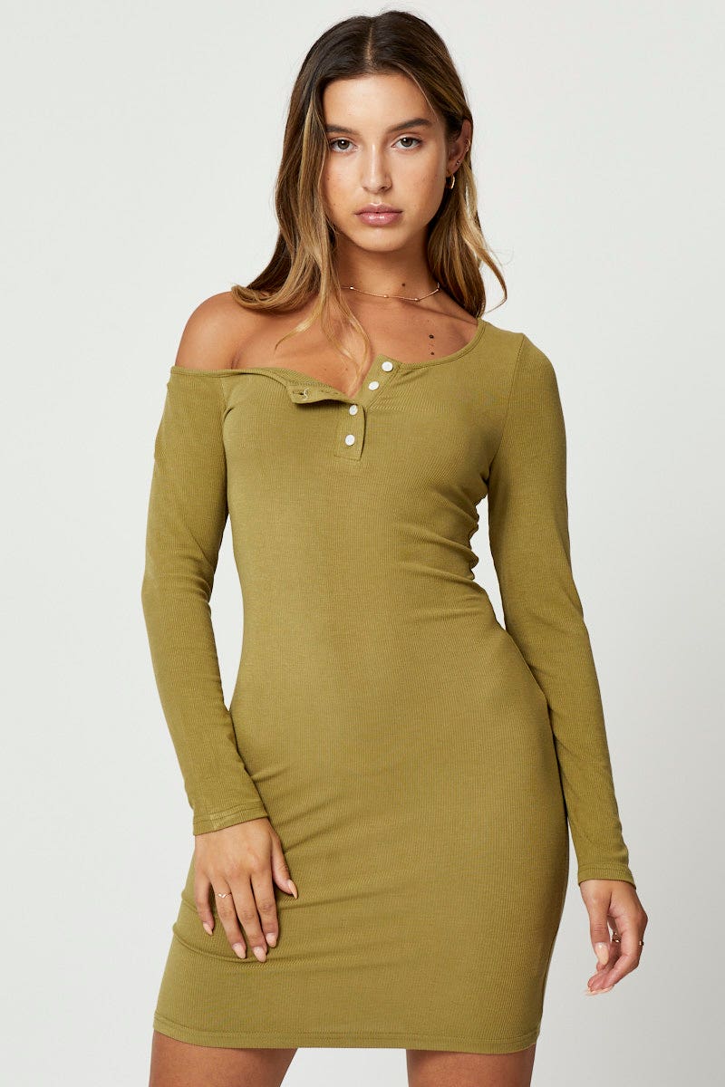 F BODYCON DRESS Green Asymmetric Off Shoulder Press Stud Ribbed Mini Dre for Women by Ally