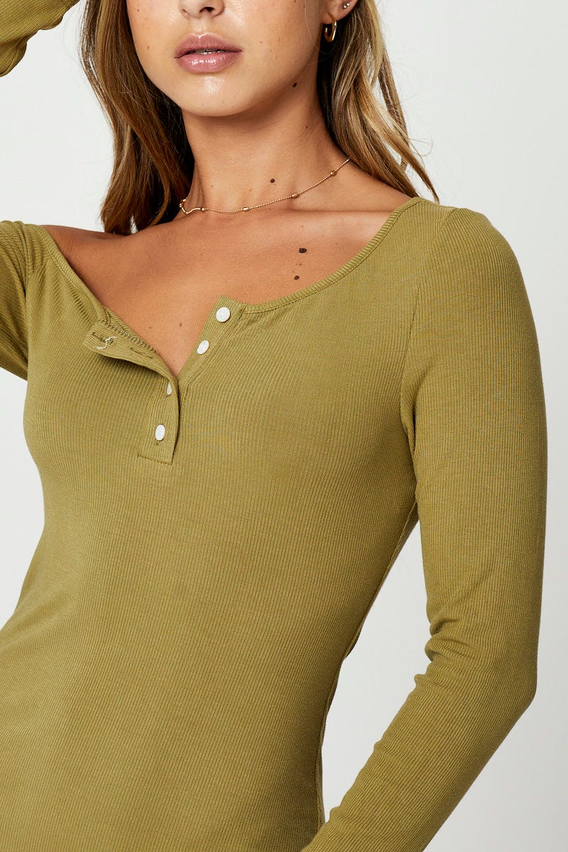 F BODYCON DRESS Green Asymmetric Off Shoulder Press Stud Ribbed Mini Dre for Women by Ally