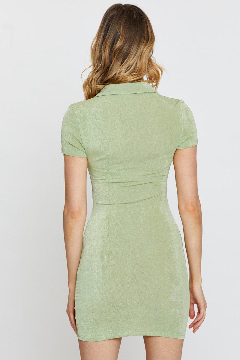 F BODYCON DRESS Green Bodycon Dress Short Sleeve Mini for Women by Ally