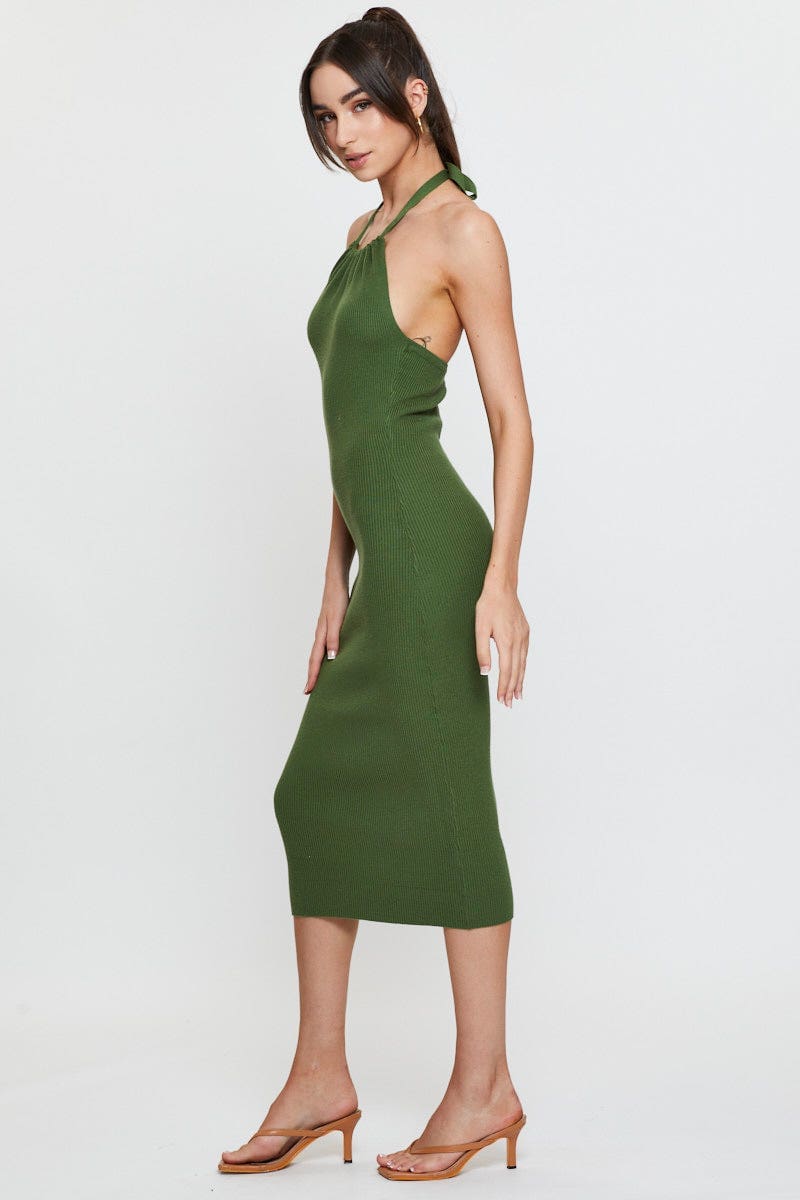 F BODYCON DRESS Green Knit Dress Midi Halter Neck for Women by Ally