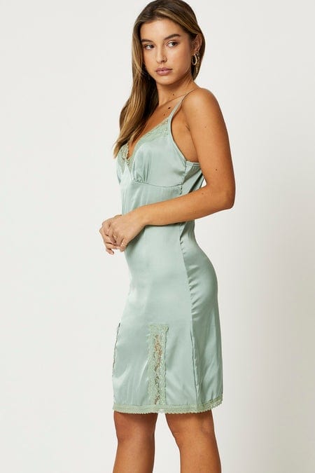 F BODYCON DRESS Green Lace Trim Slip Dress for Women by Ally