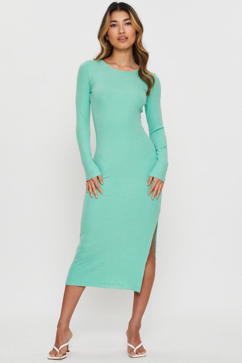 F BODYCON DRESS Green Midi Dress Long Sleeve for Women by Ally