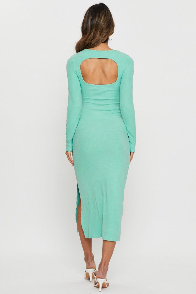 F BODYCON DRESS Green Midi Dress Long Sleeve for Women by Ally