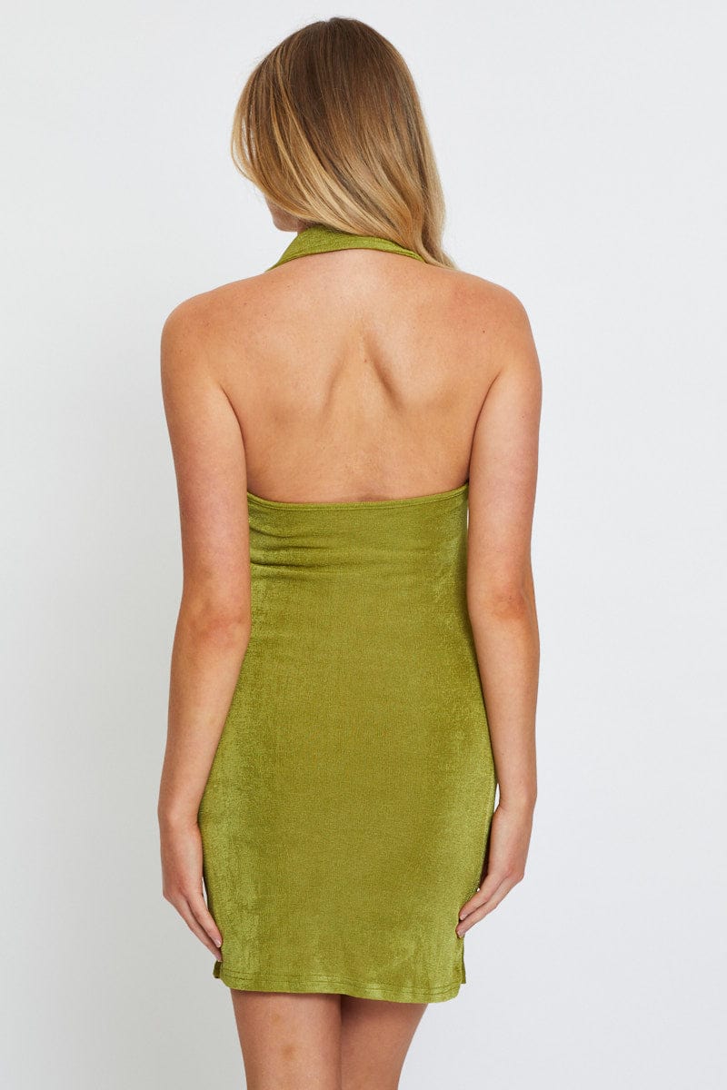 F BODYCON DRESS Green Mini Dress Halter Neck for Women by Ally