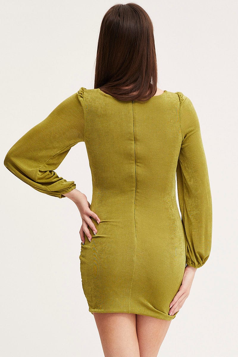 F BODYCON DRESS Green Mini Dress Long Sleeve Evening for Women by Ally