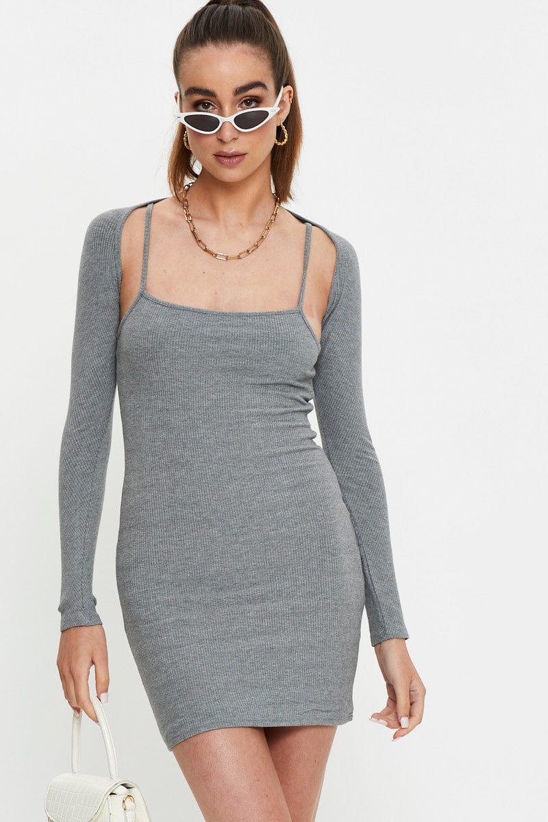 F BODYCON DRESS Grey Ribbed Shrug & Mini Dress Co-Ord for Women by Ally