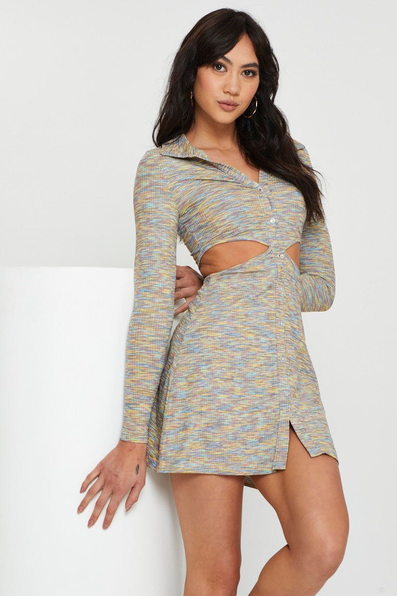 F BODYCON DRESS Multi Mini Dress Long Sleeve for Women by Ally