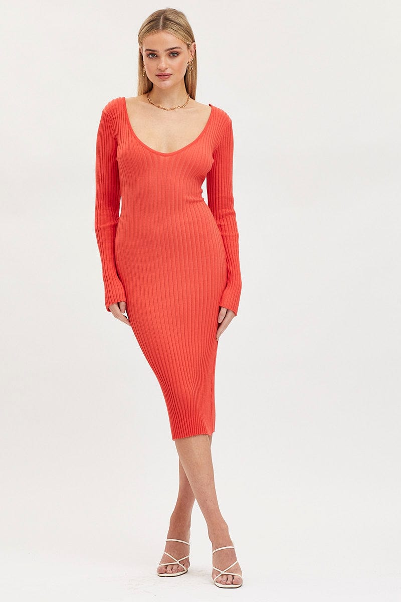 F BODYCON DRESS Orange Knit Dress Evening Midi for Women by Ally