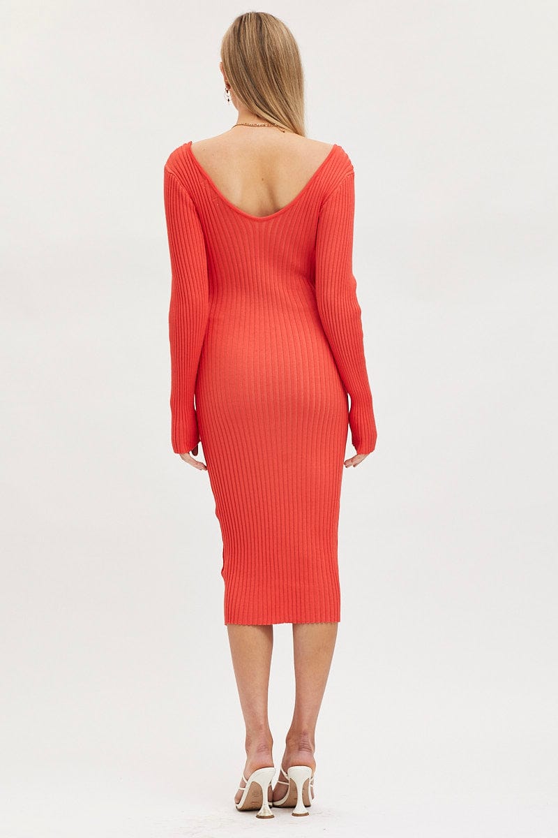 Women’s Orange Knit Dress Evening Midi Ally Fashion