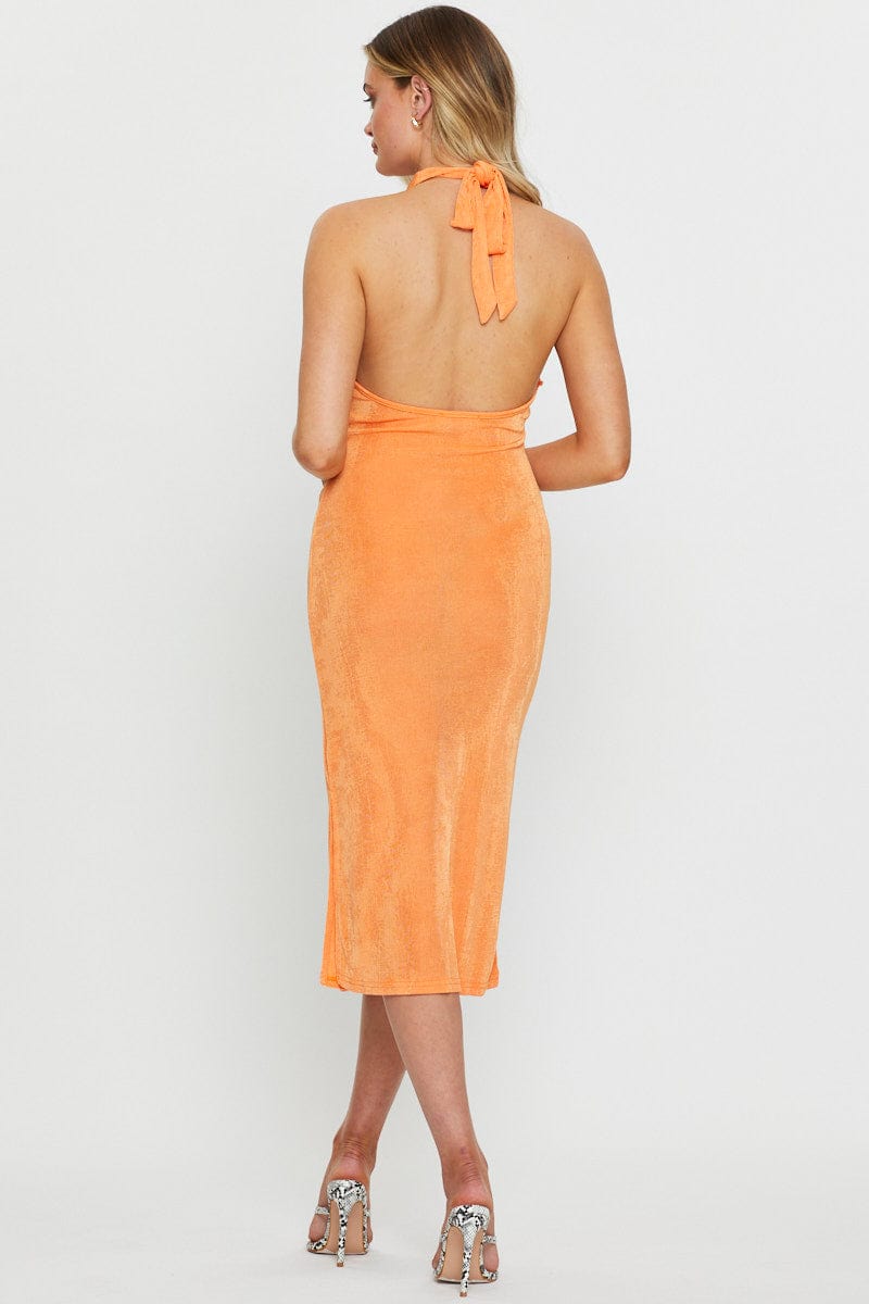 F BODYCON DRESS Orange Midi Dress Halter Neck for Women by Ally