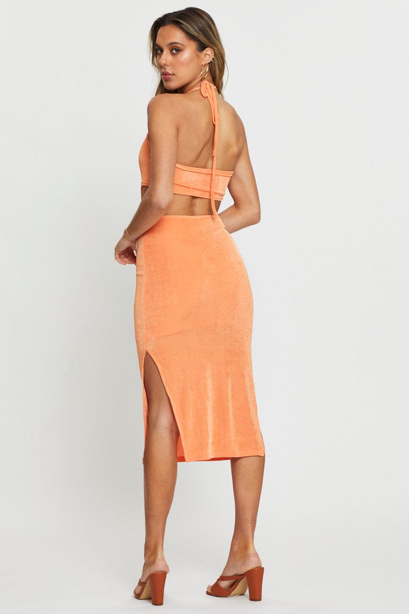 F BODYCON DRESS Orange Midi Dress Halter Neck for Women by Ally