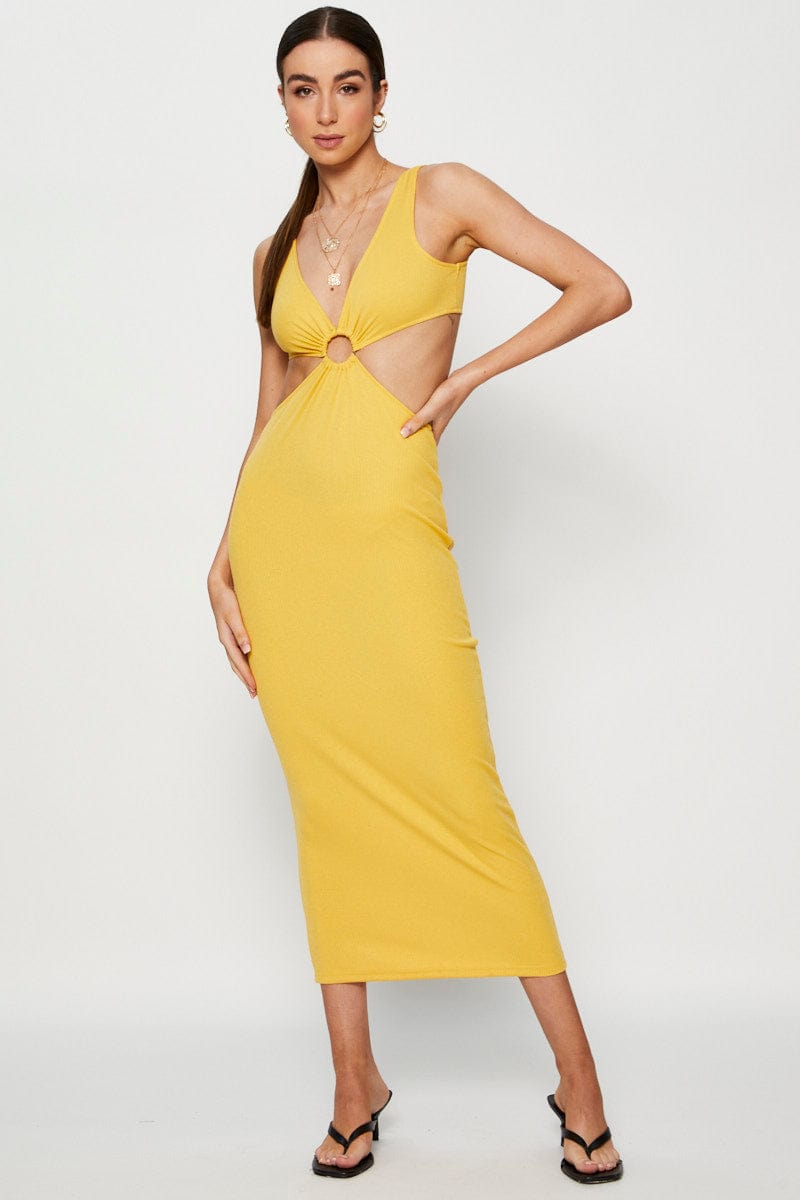 Women's Orange Midi Dress Ribbed Cut Out | Ally Fashion Women's Orange Midi Dress Ribbed Cut Out | Ally Fashion
