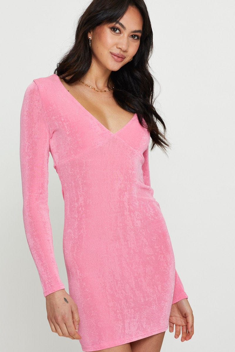 F BODYCON DRESS Pink Bodycon Dress Long Sleeve for Women by Ally