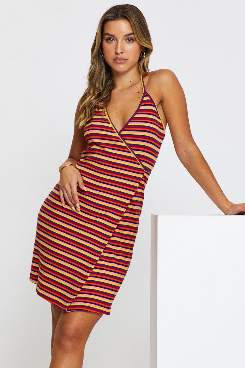 F BODYCON DRESS Stripe Wrap Dress Mini for Women by Ally