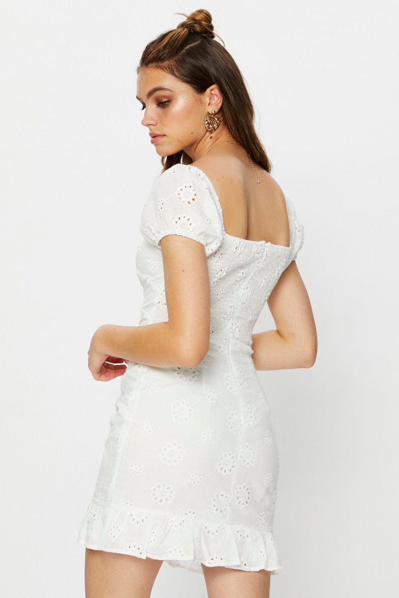 F BODYCON DRESS White Broderie Twist Front Frill Hem Mini Dress for Women by Ally