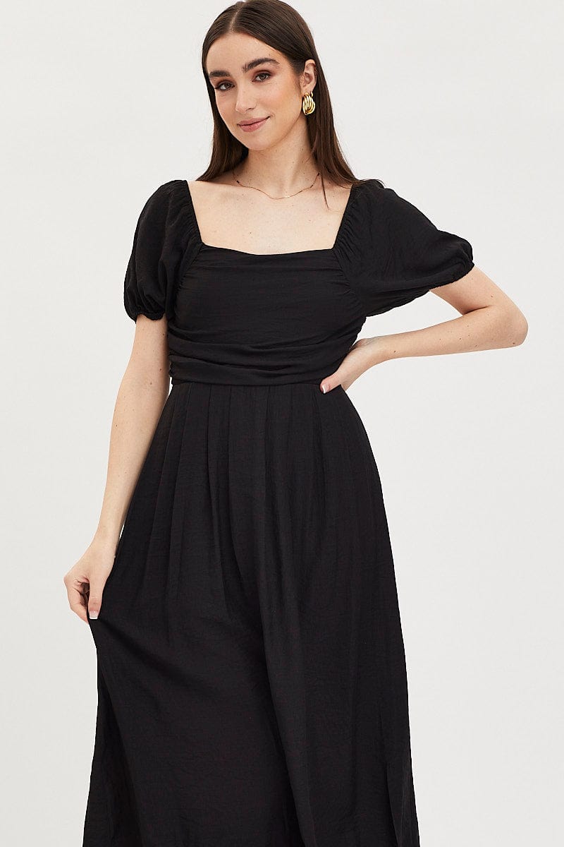 Black Midi Dress Evening Square Neck