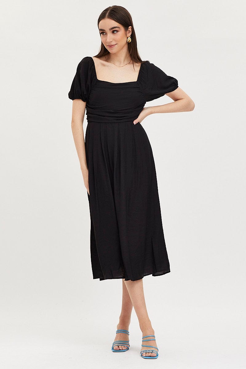 Black Midi Dress Evening Square Neck