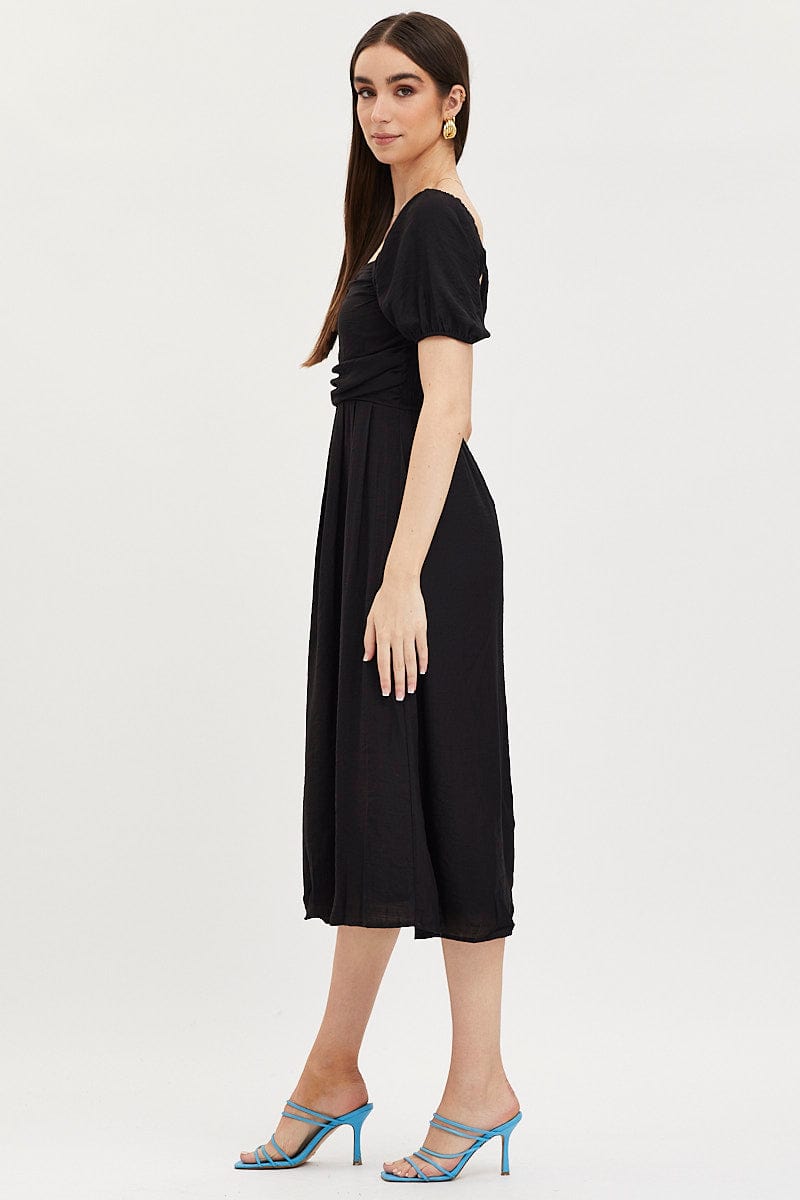 Black Midi Dress Evening Square Neck