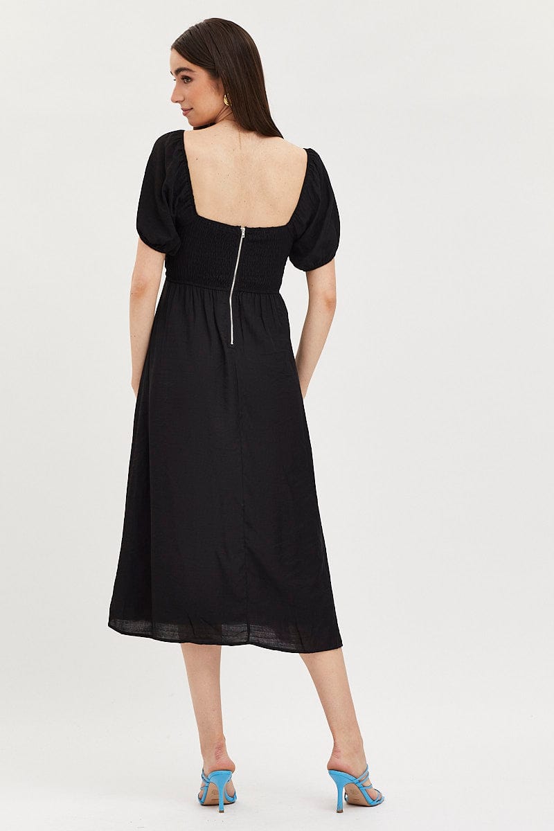 Black Midi Dress Evening Square Neck