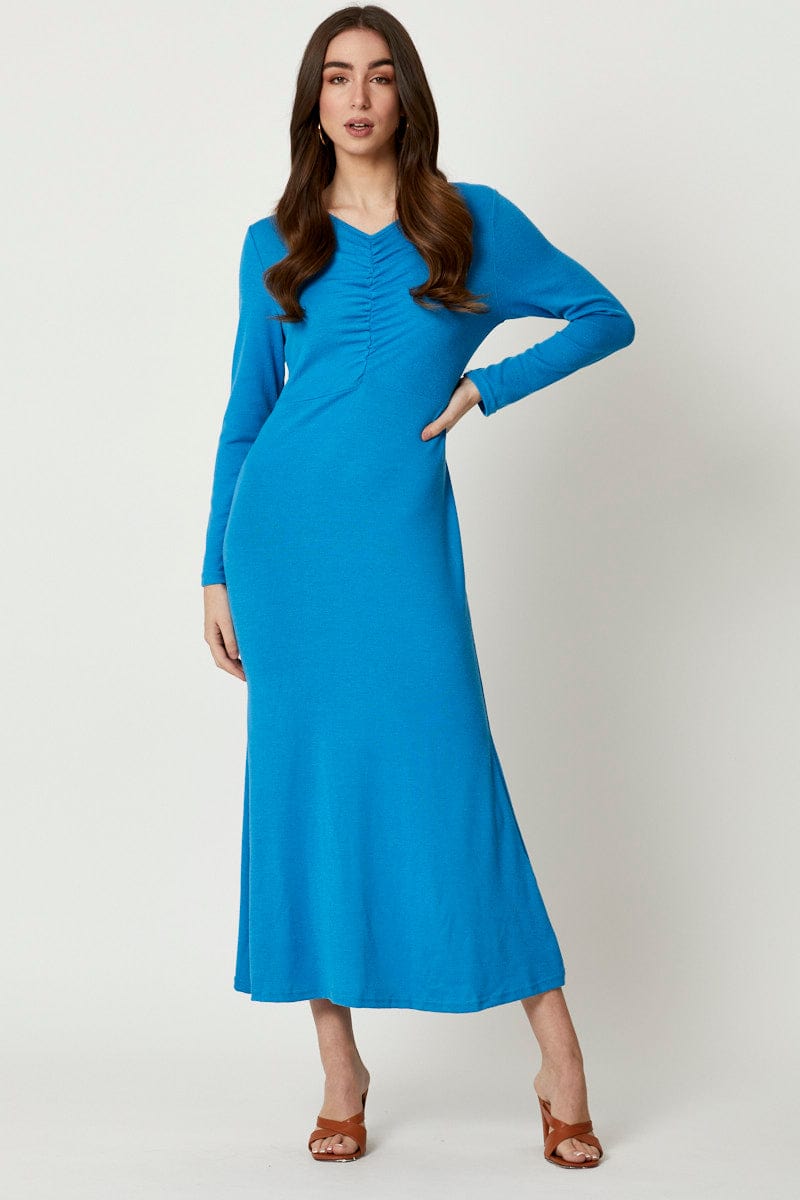 F MAXI DRESS Blue Gathered Front Midi Dress for Women by Ally