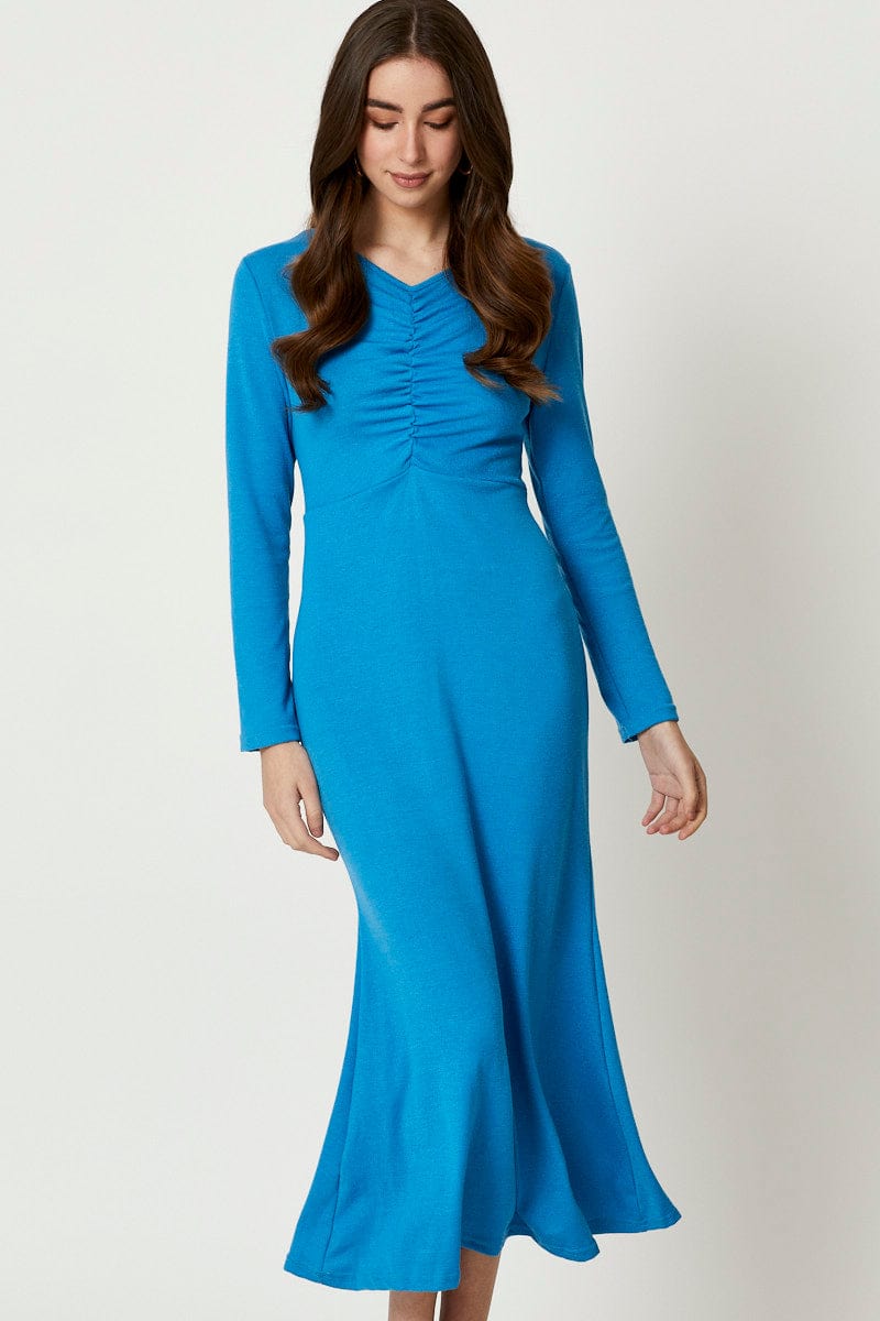 F MAXI DRESS Blue Gathered Front Midi Dress for Women by Ally