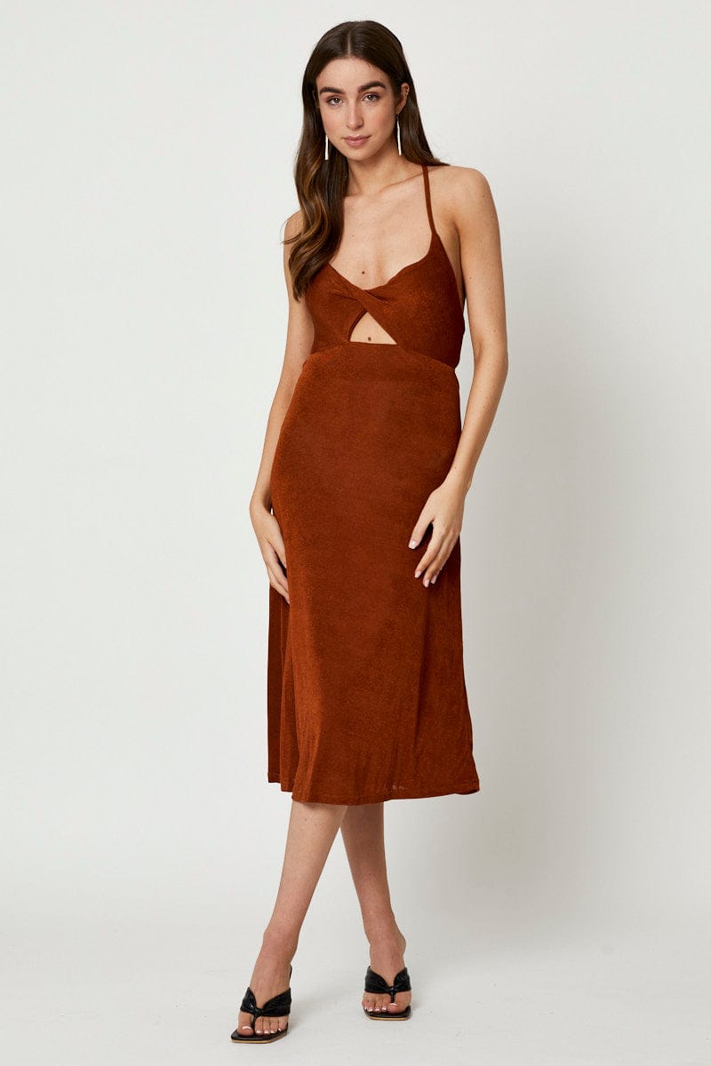 F MAXI DRESS Brown Cut Out Slip Dress for Women by Ally