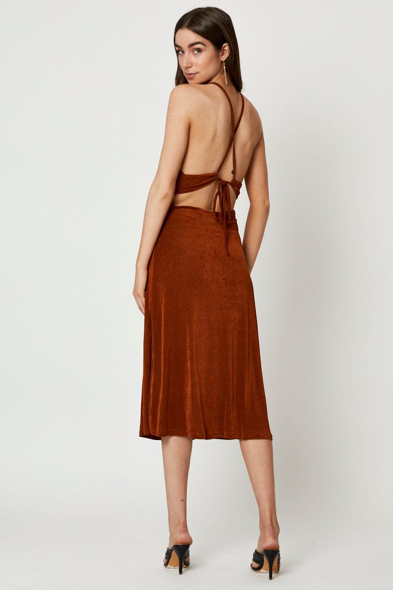 F MAXI DRESS Brown Cut Out Slip Dress for Women by Ally