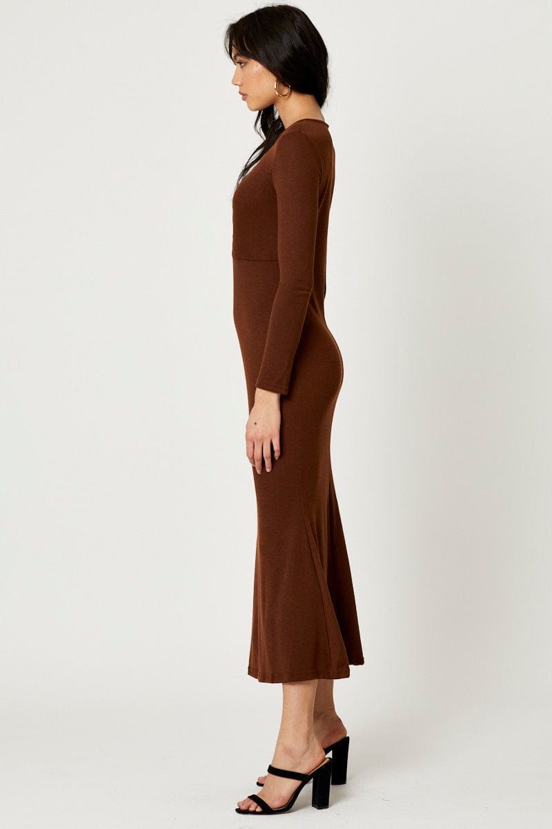 F MAXI DRESS Brown Gathered Front Midi Dress for Women by Ally
