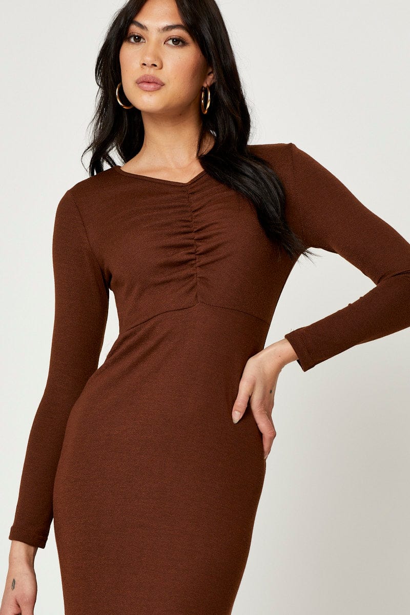 F MAXI DRESS Brown Gathered Front Midi Dress for Women by Ally