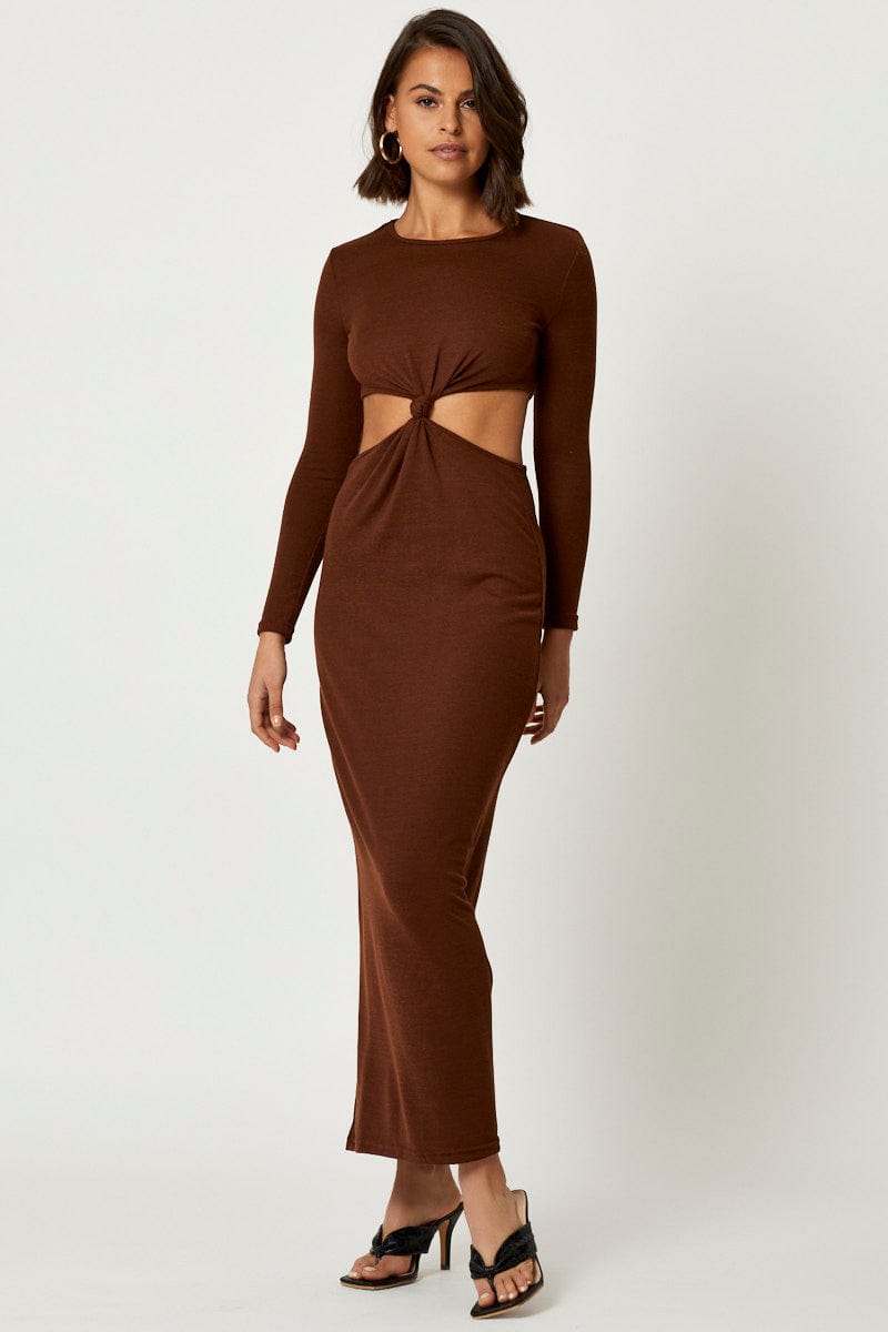 F MAXI DRESS Brown Knot Front Cut Out Dress for Women by Ally