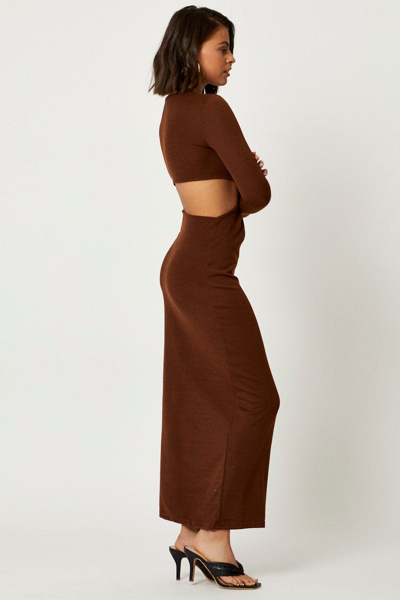 F MAXI DRESS Brown Knot Front Cut Out Dress for Women by Ally