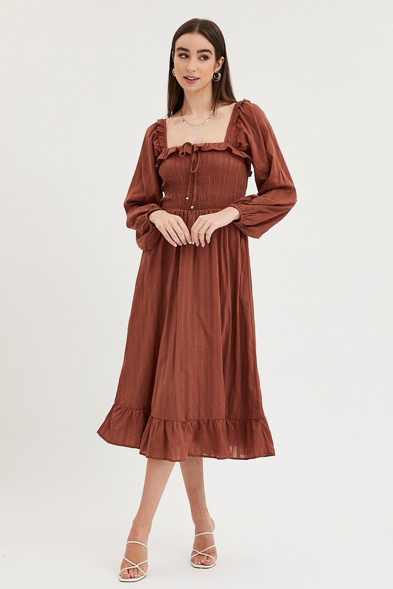Women's Brown Midi Dress Long Sleeve Evening | Ally Fashion Women's Brown Midi Dress Long Sleeve Evening | Ally Fashion