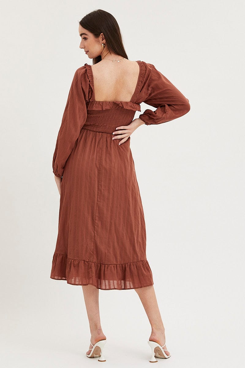 Women's Brown Midi Dress Long Sleeve Evening | Ally Fashion Women's Brown Midi Dress Long Sleeve Evening | Ally Fashion