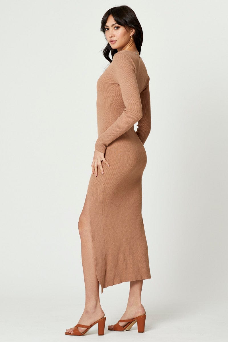 F MAXI DRESS Camel High Split Knit Maxi Dress for Women by Ally