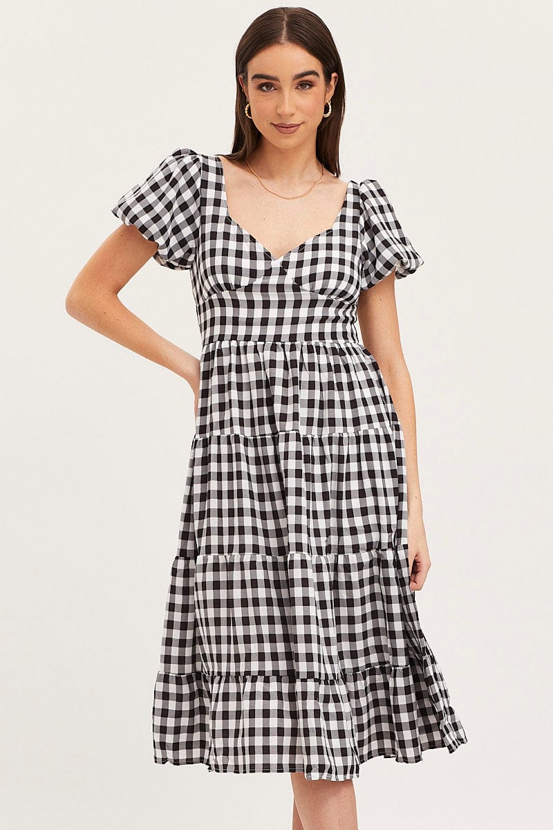 F MAXI DRESS Check Midi Dress Short Sleeve Evening for Women by Ally