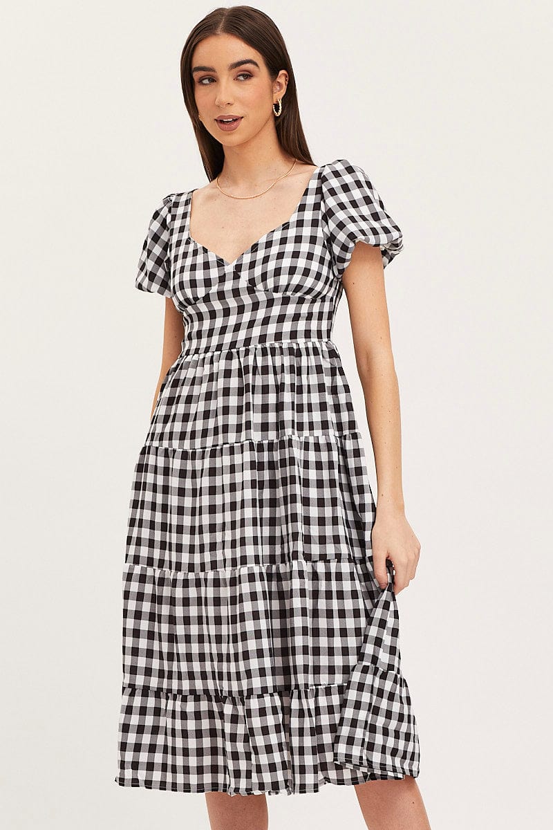 F MAXI DRESS Check Midi Dress Short Sleeve Evening for Women by Ally