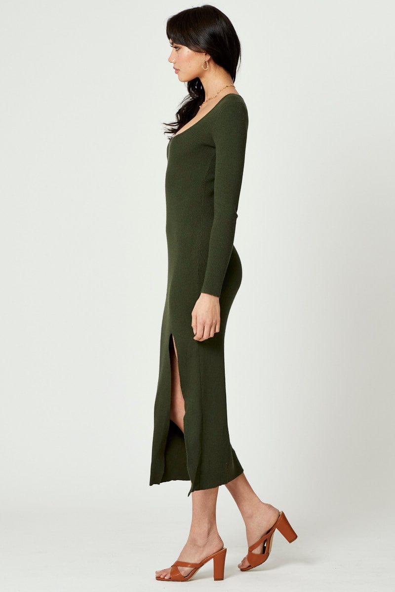 F MAXI DRESS Green High Split Knit Maxi Dress for Women by Ally