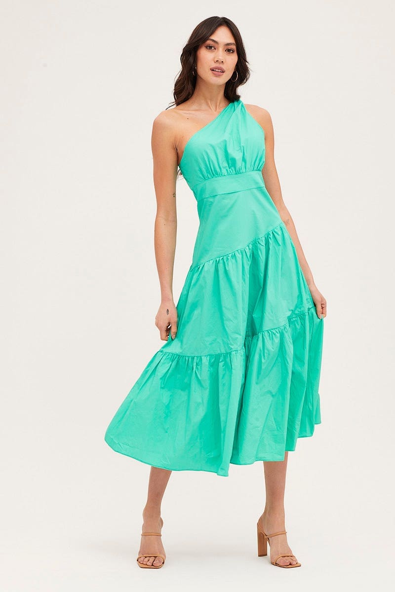 F MAXI DRESS Green Maxi Dress One Shoulder Evening for Women by Ally